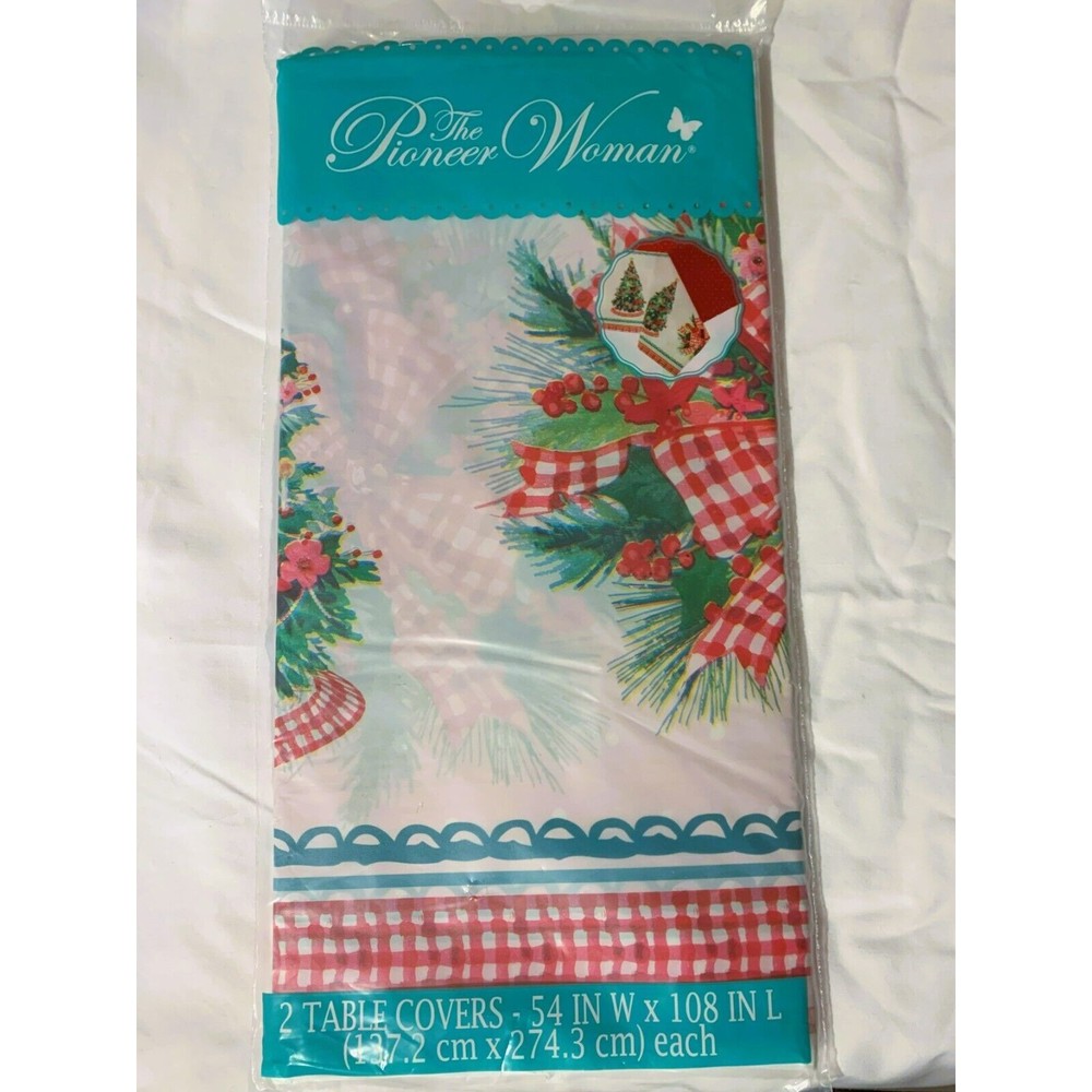 2 The Pioneer Woman Christmas Tree Plastic Table Covers 54x108 Red Dot & Gingham - Picture 8 of 11